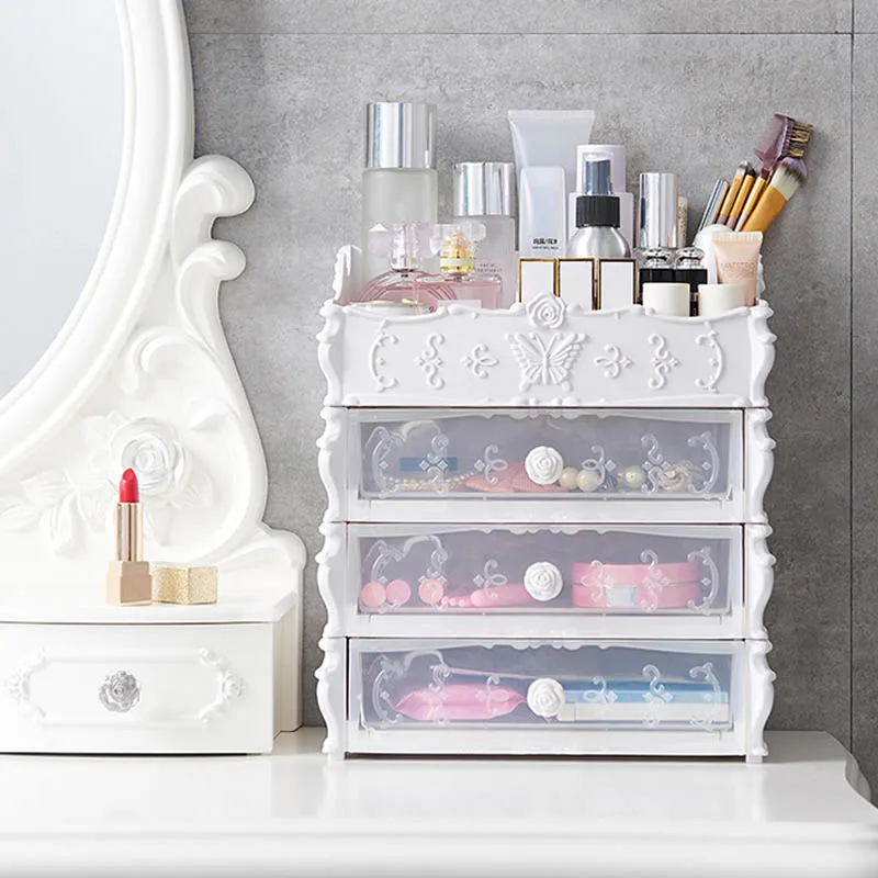Hot New Dressing Table 3 Drawer Makeup Holder Storage Box Transparent Square Bow Pattern Lipstick O