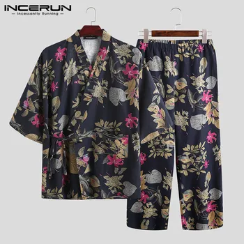 

Men Summer Printed Sleepwear Suits INCERUN Vintage Kimono Nightwear Sets Cardigan Blouse Elastic Pants Sets Soft Pajamas Suits