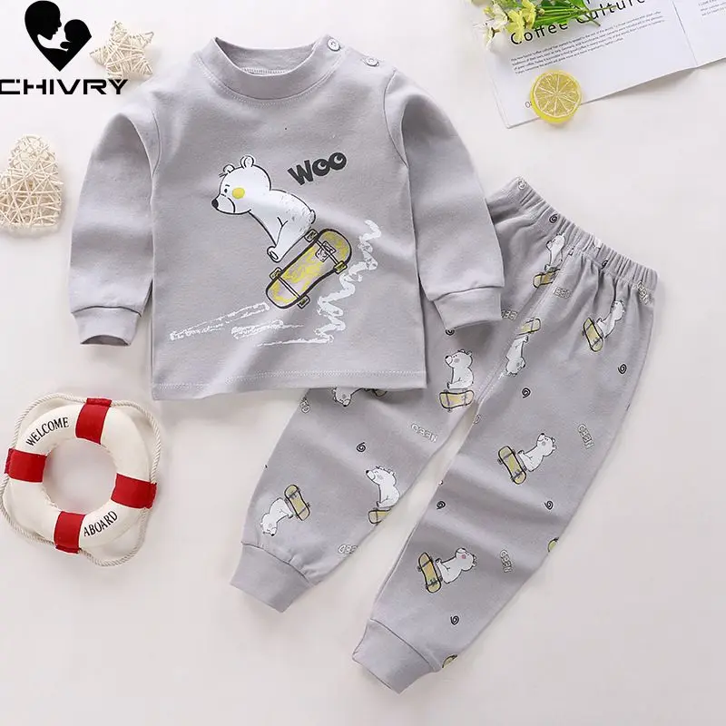

2021 New Kids Boys Girls Pajama Sets Cartoon Print Long Sleeve Cute T-Shirt Tops with Pants Toddler Baby Autumn Sleeping Clothes