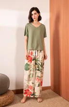 2022 NewSummer Women's V-neck Big Leaf Printed Pajamas Suit Ladies Cotton Silk Simple Style Pajamas Loose Soft Homewear Women