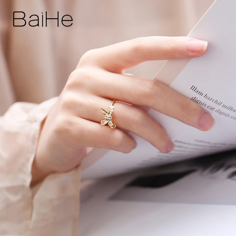 BAIHE, 14 к, желтое золото, около 0.30ct, H/SI, квадратный,, натуральные бриллианты, обручальное кольцо, модное, хорошее ювелирное изделие, бант, подарочное кольцо