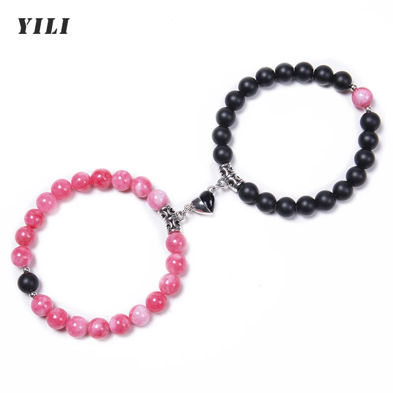 Fashion 2pcs/set Couple Bracelets Natural Stone Beads Bracelet Heart shaped Magnet Attraction Bracelet for Lovers Jewelry