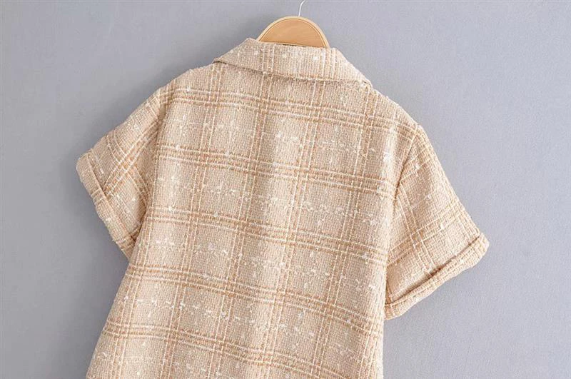 KIYUMI Dress Women Tweed Dress Short Sleeve Turn-down Collar Button Front Pocket Loose Plaid Vestidos Autumn Mini Dress New