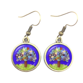 

Tree Of Life Drop Earrings Murano Millefiori 16mm Glass Cabochon Earring Jewelry For Women Girls Gift Wholesale