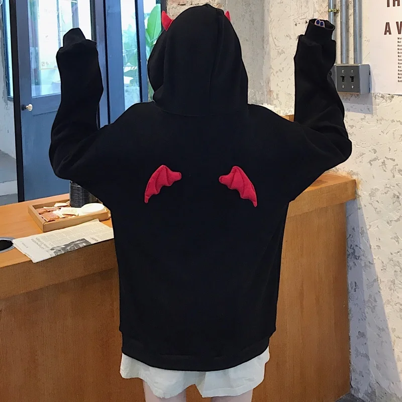 Женская толстовка с капюшоном Kawaii для девочек, Топ Harajuku, демон, крылья, панк, готика, черный BF, ленивый стиль, странная девушка, пальто, мода 904-B309