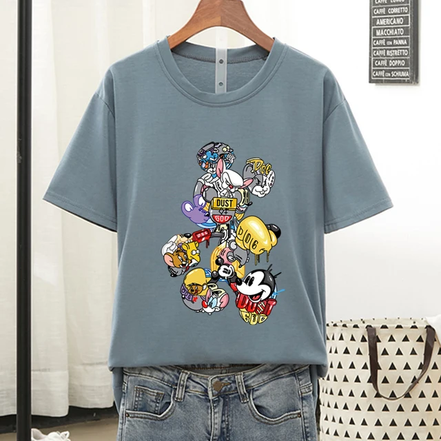 Disney Colorful Mickey Mouse T Shirt Women 2021 Summer Tshirt Graphic Tee Cool Women T-shirt Female Tee Shirt 90s Aesthetic Tops Gray blue