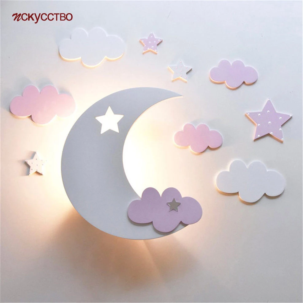 US $64.50 Childrens room Stars moon clouds wall lamp cute girls bedroom deco kids bedside lamps creative diy cartoon sleeping night light