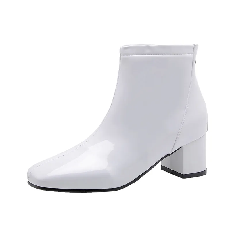 The New Patent Leather Ankle Boots Women winter Autumn Square High Heel Zipper Boots Round Toe Woman Shoes white Red Black Pink
