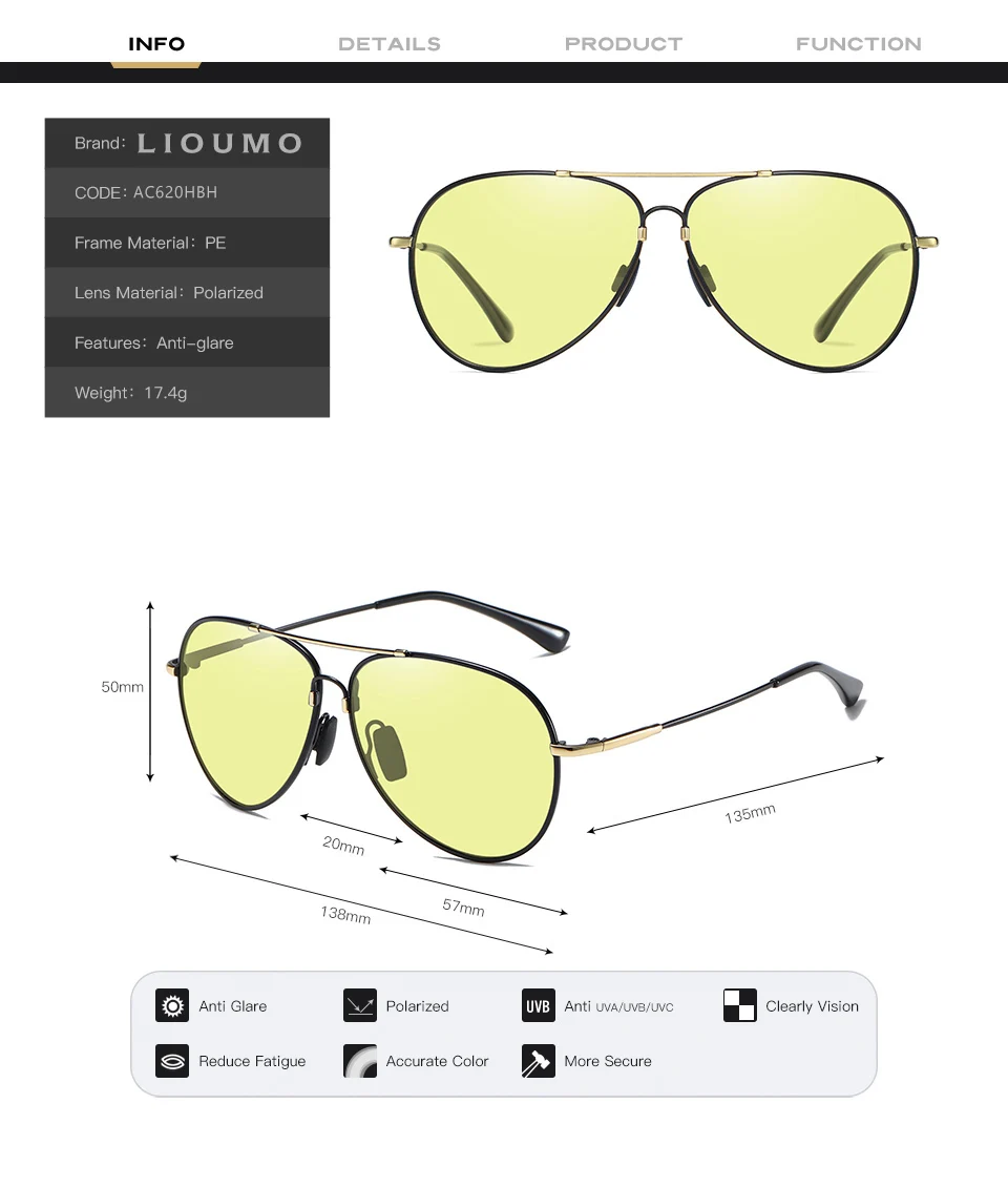 LIOUMO Nachtsicht-Fliegersonnenbrille für Herren, polarisierte photochrome Fahrbrille für Damen, Pilotenbrille, Sonnenbrille für Herren – Detail 8