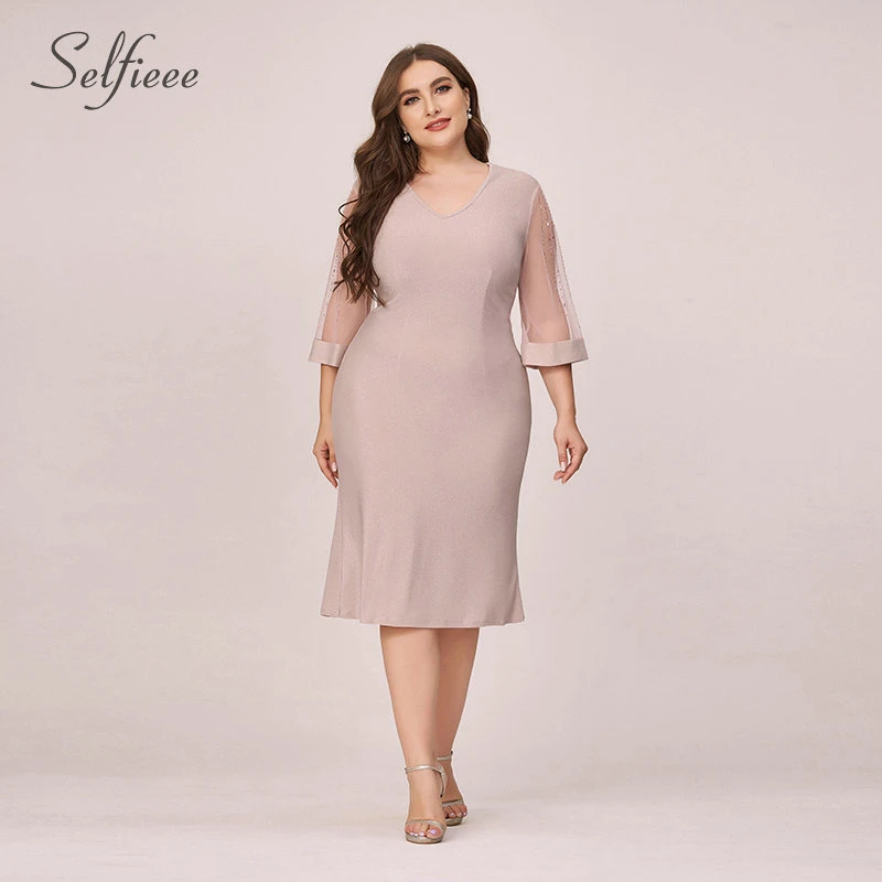 Plus Size Pink Woman Dress For Party Night Ever Pretty Mermaid V-Neck Half Sleeve Elegant Formal Dress Robe Femme 2020 ropa muje