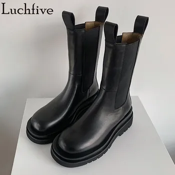 

New Black Chelsea Boots Femme Genuine Leather Thick Bottom Winter Boots Classic Round Toe Slip On Ankle Boots For Women