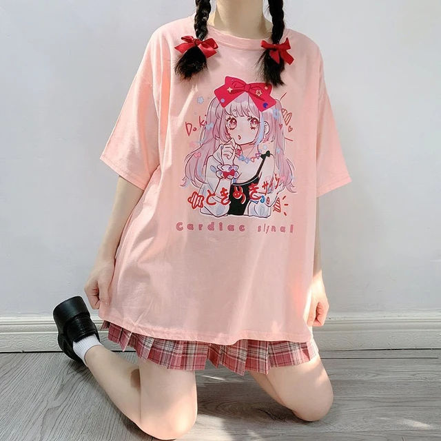 Camiseta Feminina Larga Coreana Anime Kawaii Punk Rock / Roupas Streetwear