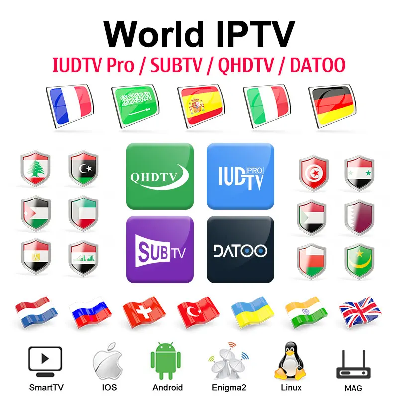 

IPTV France/Arabic/Italy/Spain/Canada QHDTV IUDTVPro SUBTV DATOO 1 Year IPTV France/Arabic/Italy/Spain/Canada IPTV France Code