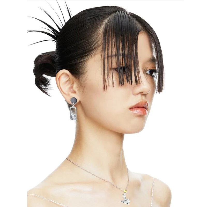 Drop Earrings 925 Sterling Silver Asymmetry Zircon Circle Square Black Triangle For Women