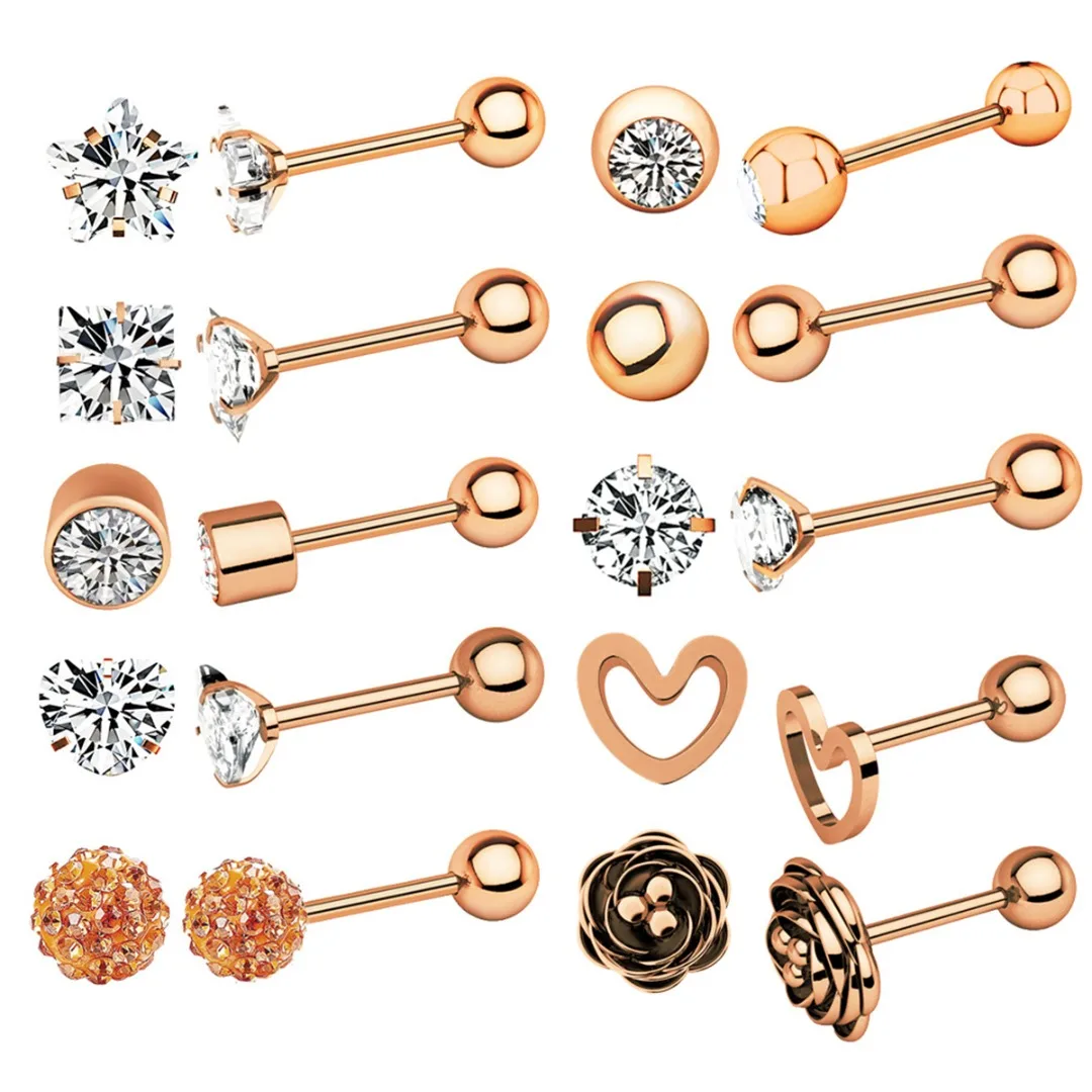 10 Pairs Stainless Steel Tongue Piercing Set Zircon Flower Heart Earring Ear Cartilage Lip Piercing Body Jewelry For Women Men