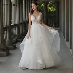 BEPEITHY V Neck Ruffles Ivory Wedding Dress Sleeveless Lace Floor Length A Line Bride Chic Boho Bridal Gown For Women 2022 New
