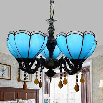 

European modern Mediterranean blue tiffany stained glass bars restaurants teahouse milk tea shop 5 head hanging lamp