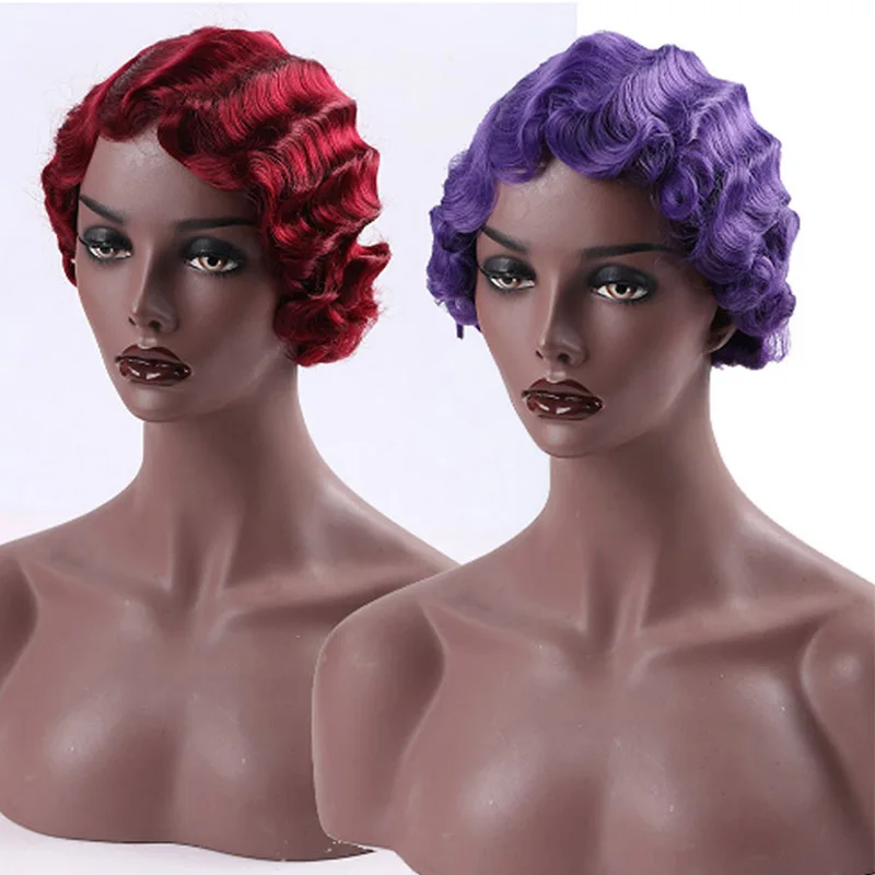 Synthetic Wigs Short Afro-Hair Finger-Waves Curly Cosplay Heat-Resistant Black Women