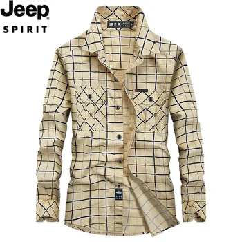 

JEEP SPIRIT Spring Long Sleeve Plaid Shirt Men Pure Cotton Single Breasted Military Shirt Male Blusa Masculina Camisas Hombre