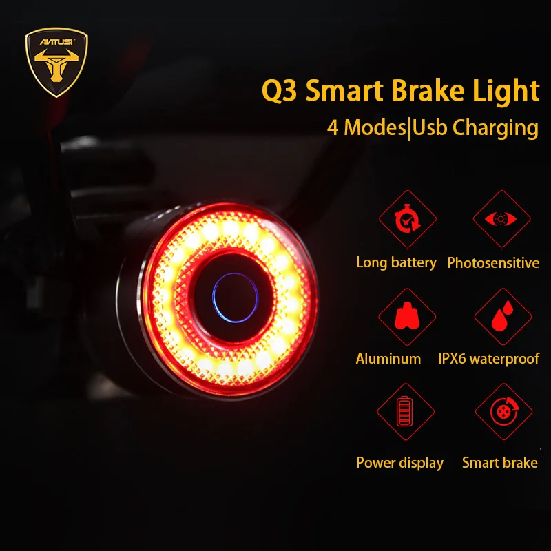 

ANTUSI Q3 USB Charge Bicycle Rear Light IPX6 Waterproof Smart Bike Taillight Road Cycling MTB LED Auto On/Off Brake Sensing Lamp