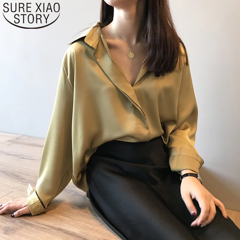 

Autumn 2019 blouse womens tops and blouses long sleeve button solid black tops V-neck ladies tops chiffon blouse clothes 6603 50