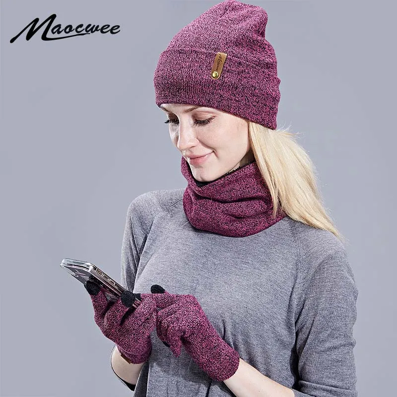 Перчатки для сенсорного экрана, вязаная осенне-зимняя шапка, шарф, набор для женщин, толстые перчатки для сенсорного экрана, шапочки, кольцо, шарф для женщин, подарок для девочек