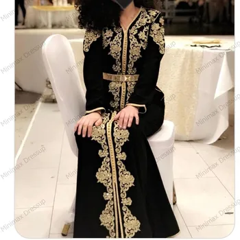 

High Quality Velour Moroccan Kaftan Evening Dresses Long Sleeves Gold Appliques A-line Muslim Arabia Prom Gowns Islamic Dress