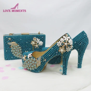 

2020 New Teal Blue Pearl Wedding Shoes 11cm High Heel Platform Handmade Gorgeous Prom Pumps with Matching Purse Plus Size 12