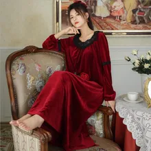Women Winter Ankle Length Long Sleeves Home Dress Princess Lace Round Collar Vintage Nightgown Velvet Warm Loose Night Dress New
