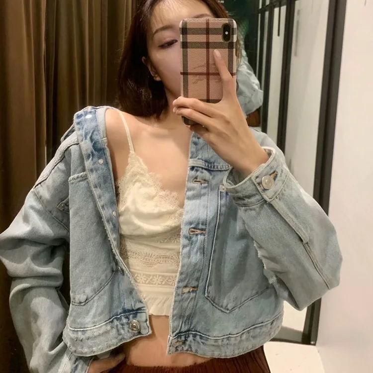 

2019 Spring And Autumn New Products Female Jeans Coat Tops England Loose-Fit Versatile Cool GIRL'S Jacket Turn-down Collar Coat