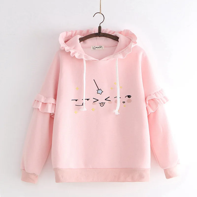 Розовый Merry Pretty женские толстовки с героями мультфильмов, с оборками, из кусков, свитшоты, зимний спортивный костюм с капюшоном и длинным рукавом, свободные пуловеры - Цвет: Розовый