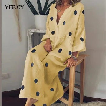 

Plus size Ladies Linen Casual long Dress Women Summer Elegant Bohemian Printed dot Long sleeve Loose Beach maxi dresses 5XL
