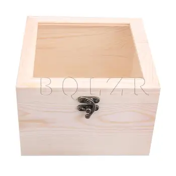 

BQLZR Square Unpainted Glass Wooden Storage Box Treasure Chest 18x18x12cm