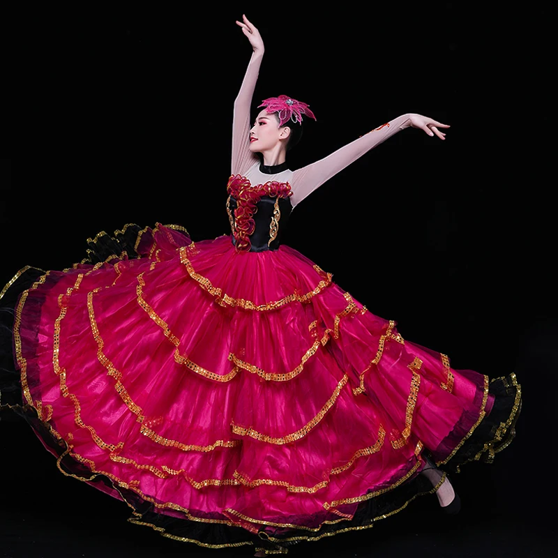 

New Flamenco Dance Dress For Women Adult Elegant Modern Dance Performance Costumes Long Sleeve Big Swing Spanish Dress VO1052