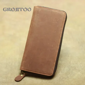 

GROJITOO Crazy Horse leather long wallet multi-card Men's handbag genuine leather large capacity zipper mobile phone bag