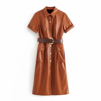 

Vintage Stylish PU Leather Pockets Design Long Dress with Belt za 2019 Fashion Women Lapel Collar Dresses Casual Vestidos Mujer