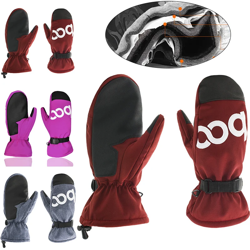 BOODUN Waterproof Unisex Ski Mittens PU Leather Outdoor Sports Thermal Winter Warm Gloves Optional Size