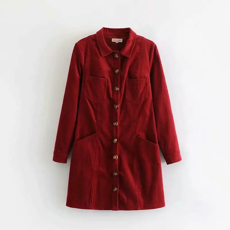 

Solid Women Single Breasted Corduroy Shirtwaist Dress 2019 Autumn Leisure Lady Long Sleeves Slim Dresses D3522