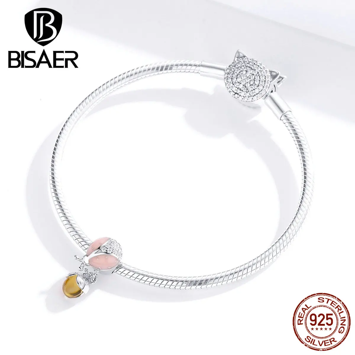 Бусины «божья коровка» BISAER, 925 пробы, серебро, Божья коровка и желтые циркониевые бусины, очаровательные браслеты, серебро 925, ювелирные изделия ECC1371