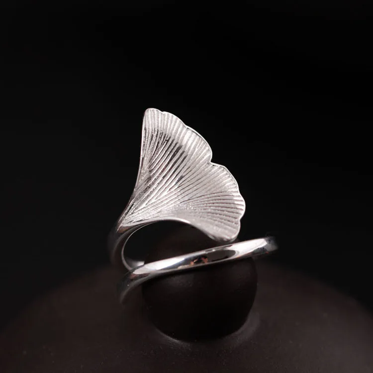 ginkgo leaf resize ring woman 100% Sterling 925 silver Jewelry Vintage Adjustable rings for women gift free size silver ring