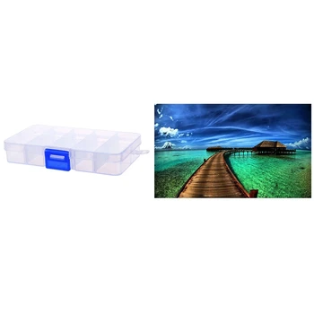 

1 Pcs Clear Compartments False Nail Art Tips Storage Box Case & 1 Set DIY Diamond Painting Kits Ocean View Room Decor