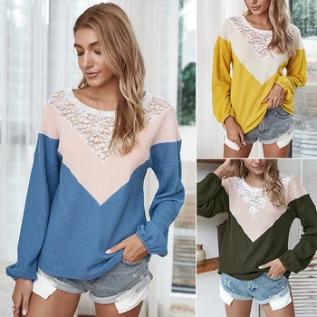 

Women'S Autumn Long Sleeve Sweater Sexy Stitching Sweater Female Fashion Loose Lace Tops