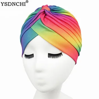 

YSDNCHI Bandana Turban Women Rainbow Hat Colorful Prined Stripes Indian Cap Muslim Headscarf Hat Pleated Women Headwear