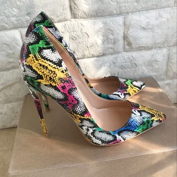 

2020 new pointed color snake print stiletto high heels 10cm ladies evening party female high heels small size 34 35