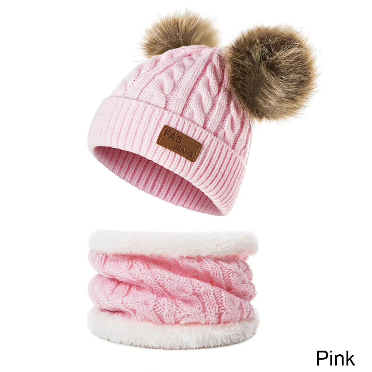 pink Детский зимний костюм с шапкой и шарфом, одноцветная вязаная шапка с помпонами для мальчиков и девочек, теплый зимний шарф из плотного бархата для детей 0-3 лет - Цвет: pink