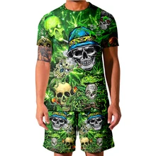 

2021 Summer New Men Casual Green Skull Shorts Sets Printing T-shirt + Shorts 2-piece Suit Fashion Sportswear Tracksuit Men 5XL
