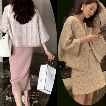 

Fall and Winter Women's Tweed Small Jacket +A Line Skirt Two-piece Suit Outdoor Fashion Women's Outerwear Skirt Han Edition Suit