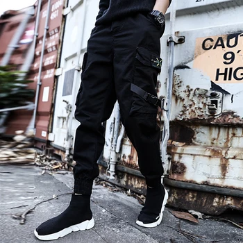 

2020 New Streetwear Ribbons Casual Pants Men Black Slim Mens Joggers Pants Side-pockets Cotton Camouflage Man Trousers YJJ01