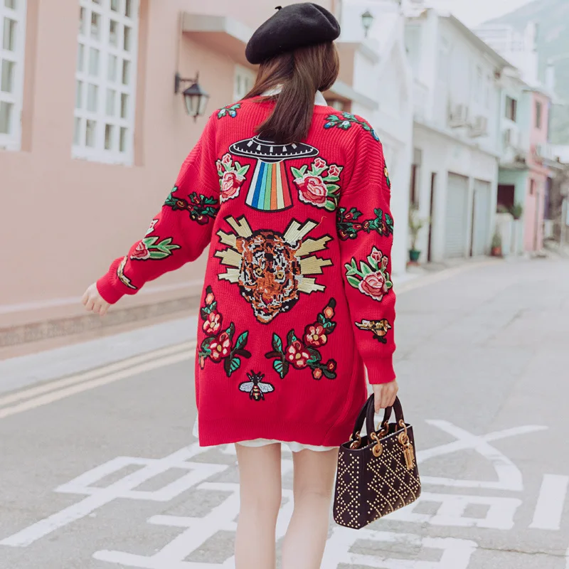 ^Cheap New stars same red jacket embroidery medium long loose New Year sweater knitted cardigan jacket I
