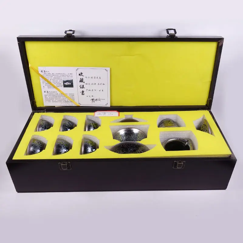 

1set(10piece with box)Chinese JianZhan Matcha Bowl Japanese Tea Bowls Popular Tenmoku Tea Cup Blue Oil Drop Pattern Glaze
